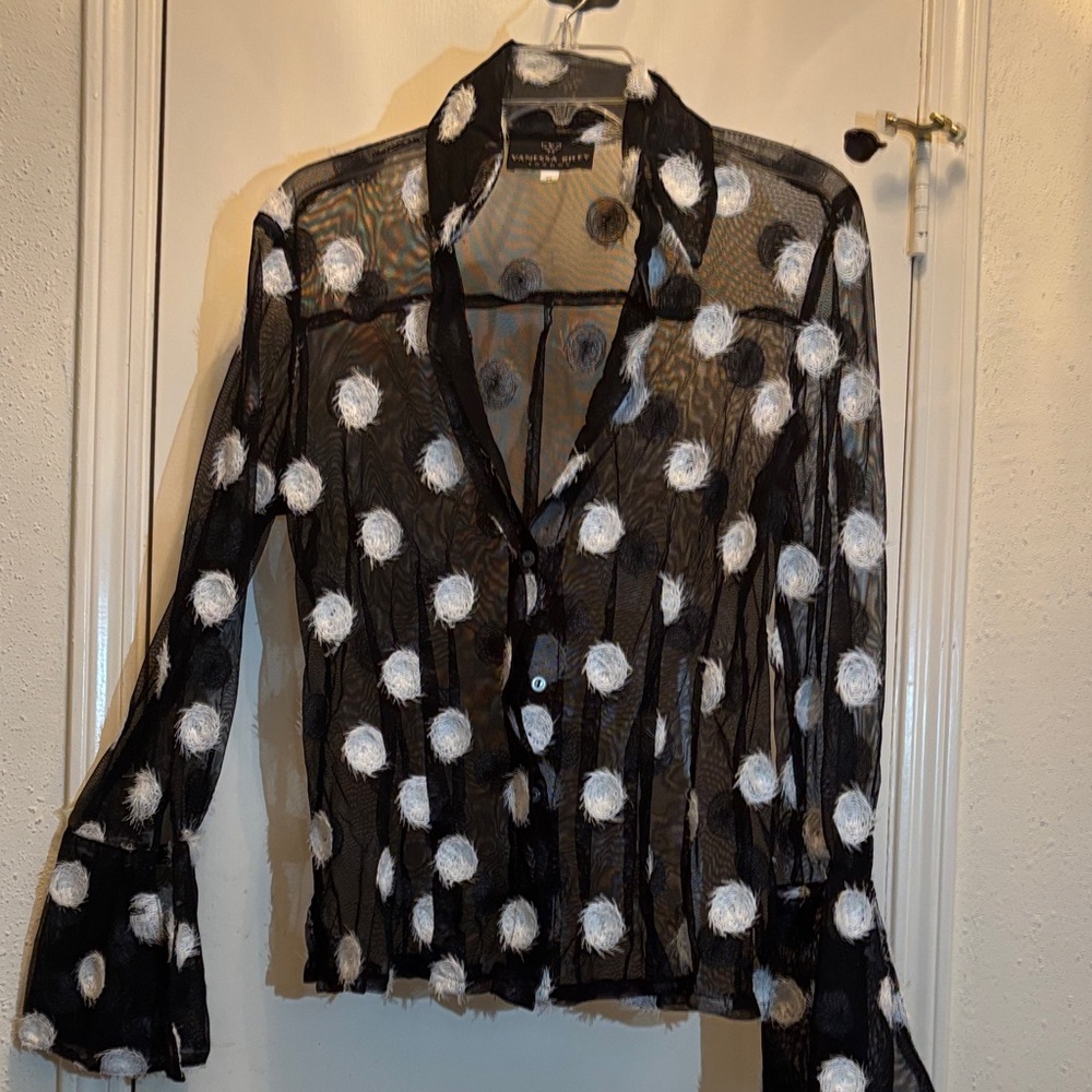 Chic Black and White Sheer Polka Dot Blouse